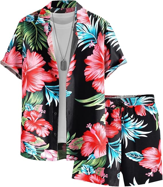 EISHOPEER Men's Flower Button Down Hawaiian Sets Casual Short Sleeve Shirt and Shorts Outfits