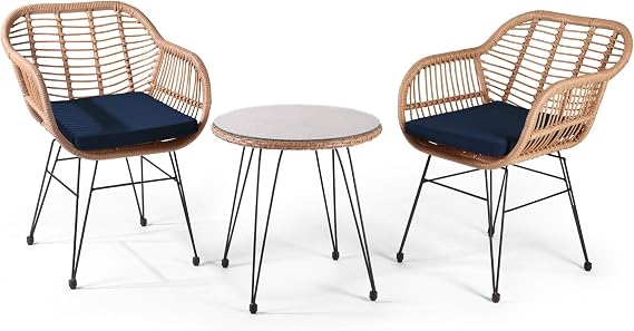 WestinTrends 3 Pc Furniture Wicker Rattan Patio Conversation Seating Chair Set with Cushions and Table for Indoor Outdoor, Balcony, Porch, Garden, Pool, Deck, Lounge, Navy