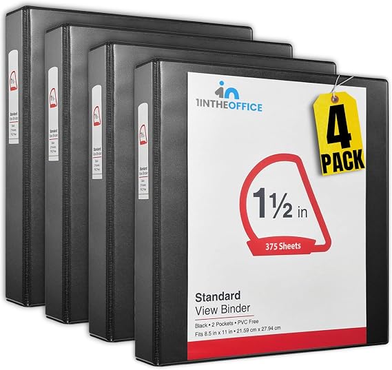 1InTheOffice 1.5 Inch Binders 3 Ring, D Ring Binder, 2 Pockets, Holds 375 Sheets, 8.5" x 11" Paper, Black, 4 Pack