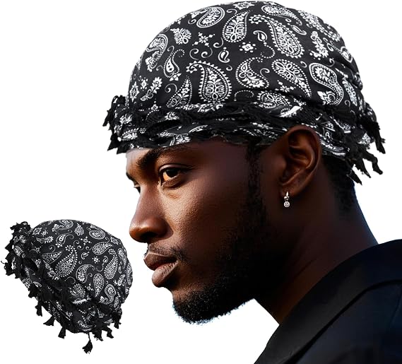Turban for Men, Paisley Turban Durags with Tassel, Satin Lined Head Wraps, Vintage Pre-Tied Tassels Braid Bonnet Durag