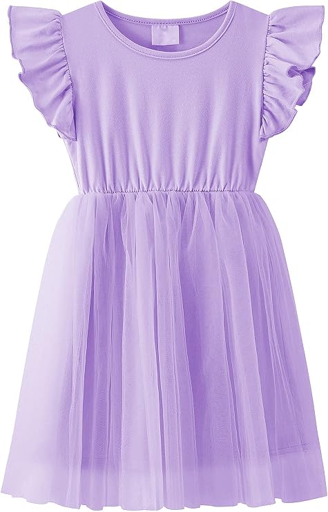 Girls Tutu Dress Casual Summer Ruffle Sleeve Dress | Soft girls ruffle sleeve tutu dress. Elastic waist, fluffy tulle skirt. Crew neck design, Lightweight, comfy for daily wear.