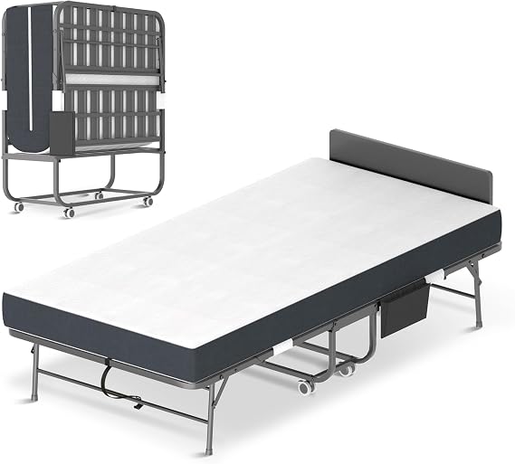 Folding Bed with Mattress for Adults, 75" x 31" Foldable Bed with Headboard and Side Pocket, Twin Size Metal Bed Frame with Wheels, Portable Rollaway Bed for Guest, Travel