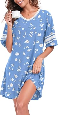 Womens Nightgowns Short Sleeve Sleepshirt Sleepwear Casual V Neck Sleep Dress Loungewear Nightshirts