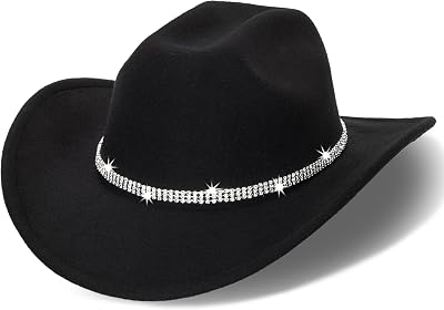 Unisex Western Felt Cowboy Hats - Classic Roll Up Brown Cowgirl Wide Brim Fedoras Hat with Shiny Rhinestones Band