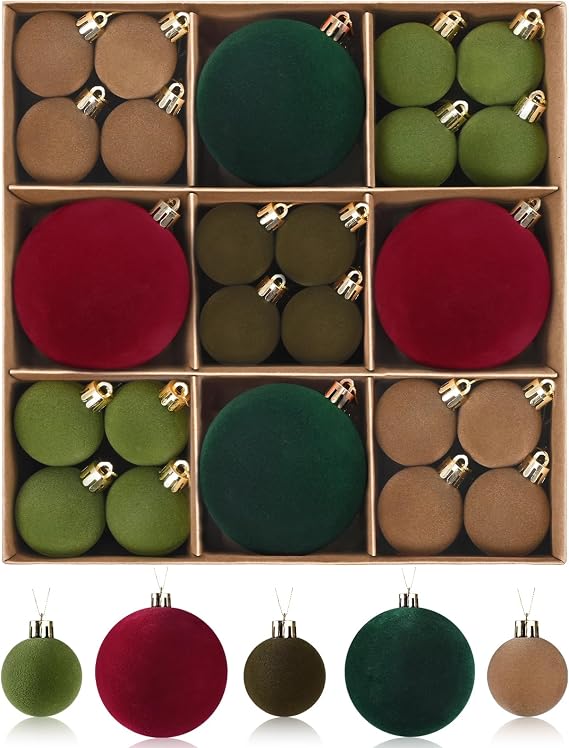 Uspring 44 Pcs Velvet Christmas Ornaments Set - 1.57 & 3.15 Inch Flocked Ornaments Shatterproof Christmas Balls for Xmas Tree Holiday Wedding Party with Pre-Tied Hanging Strings, Red, Green