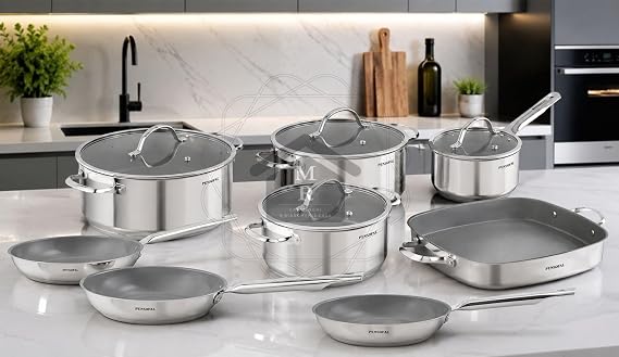 Stainless Steel Cookware Set, 12 Pieces, Non-stick Inner in Natural Ceramic Triple Bottom Induction