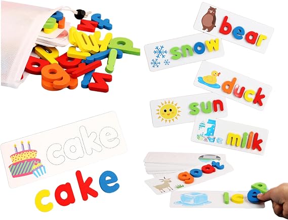 Toddler Reading and Spelling Learning Toys,52 Wooden ABC Alphabet & 28 Words Flash Cards,Montessori Preschool Learning Educational Toy,Letter Matching Game