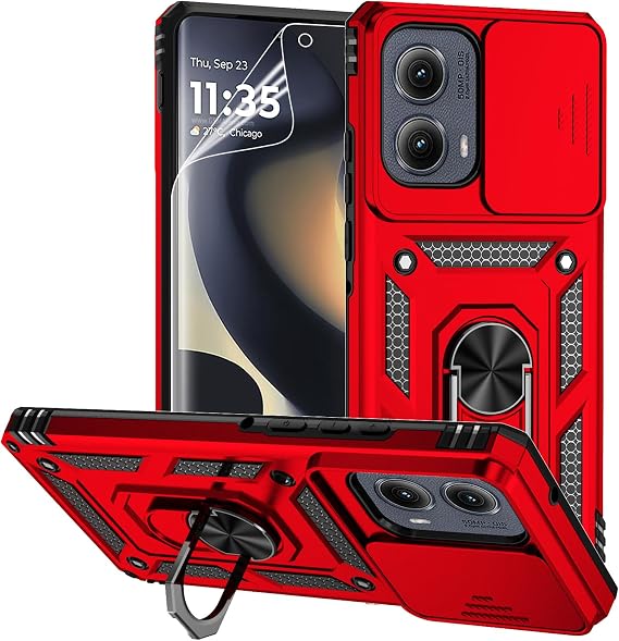 Motorola Edge 2024用ケース カメラレンズカバーHDスクリーンプロテクター、デュアルレイヤー ミリタリーグレードの落下試験済み 磁気リングホルダー キックスタンド 保護ケース Motorola Moto Edge 2024用 レッド