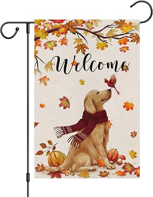 Welcome Fall Garden Flag 12 x 18 Inch Double Sided Burlap, Golden Retriever Dog Cardinal Yard Flags for Seasonal Thanksgiving Farmhouse DecorationONLY FLAG