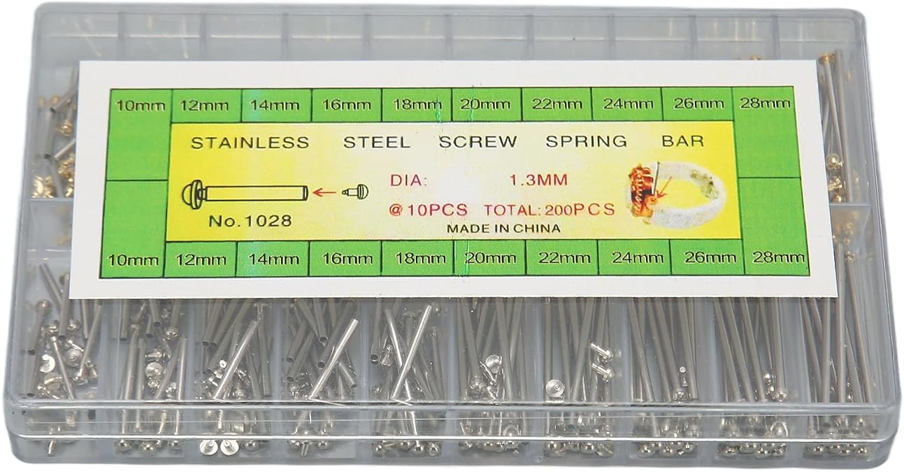 HURRISE 200pcs Universal Watch Screw Tubes, Gold & Silver, 10 Sizes, 1.3mm Width, Stainless Steel, Watch Repair Tools