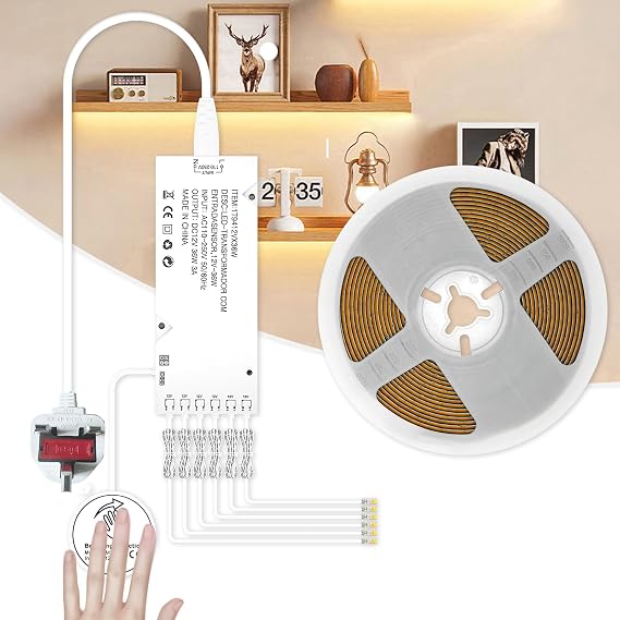 RYE Under Cabinet Led Light Strip kit,16.4ft/5m Cuttable 3000K,6 Outlets Power,Touch Switch&Dimmer,COB Strip for Kitchen Cupboard,Book Shelf,Floating Shelf,Wall Panel,Home Decor [Energy Class A] [Energy Class A]