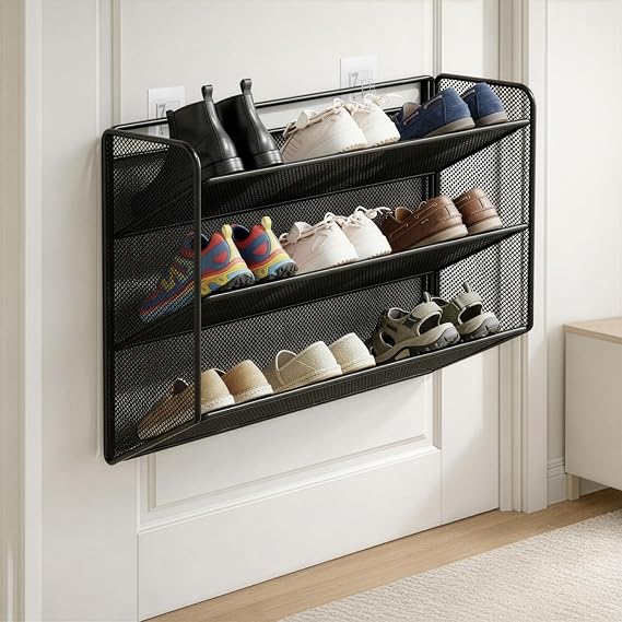 Wall-Mounted Shoe Rack, Black, 3 Tier Shoe Holder Multi-Layer Shoe Cabinet for Bathroom Door over