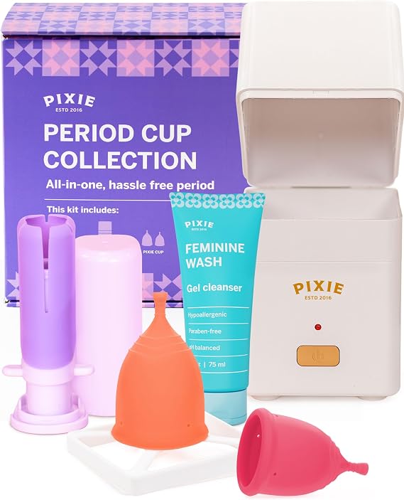 Pixie Menstrual Cup Collection - Inserts Like a TamponTM - 2 Reusable Period Cups with Applicator, Sterilizer, Feminine Wash & Totes - All-in-One Easy Period Solution for Feminine Care
