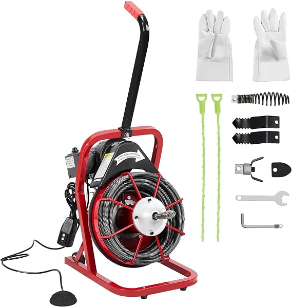 Drain Cleaner Machine K-300K 75FT 3/8inch, Professional Electric Drain Auger for 1 to 4 Inch Pipes, Portable Electric Drain Snake with 4 Cutters & Foot Switch