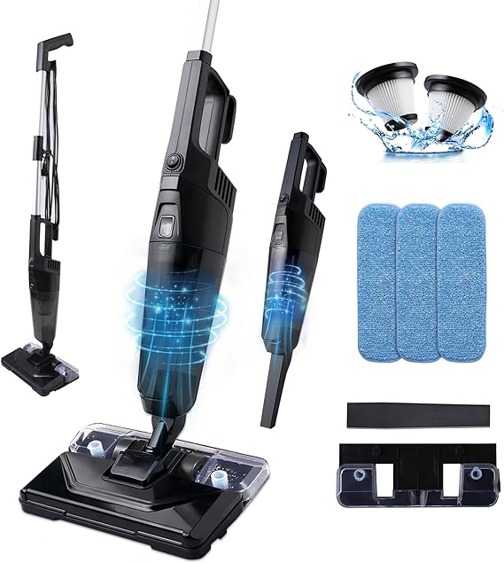 REECOO Lightweight Vacuum Cleaners for Home, Unique Vacuum and Mop Combo - 3 Dust Filters/Microfiber Pads, Corded Stick Vacuums & Electric Brooms - 600W 25Kpa Suction for Kitchen, Bedroom, Living Room