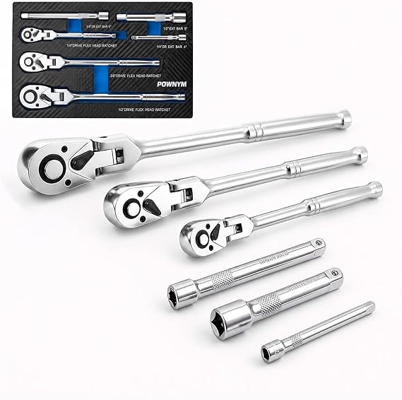 Flex Head Ratchet Wrench Set,1/4" 3/8" 1/2" Drive 6-piece silver