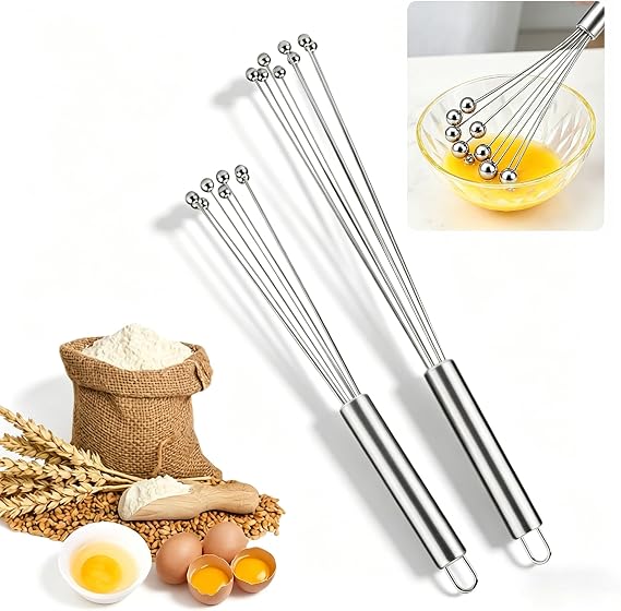 2 Pack Stainless Steel Ball Whisk Set 304 – 10 & 12 Inch Wire Egg Whisk Manual Egg Beaters Mixer for Fast Whipping Cream Sauces Blending Stirring