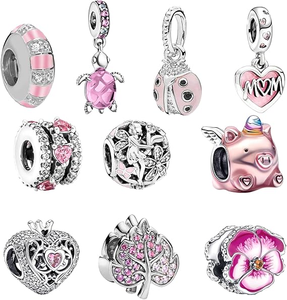 10 Pcs Spacer Beads Charms for Bracelet Making, Pink Pendants Beads for Jewelry Making, Polished Charms for Pandora Bracelet, Jewellery Gifts for Mom Girls Teen Family