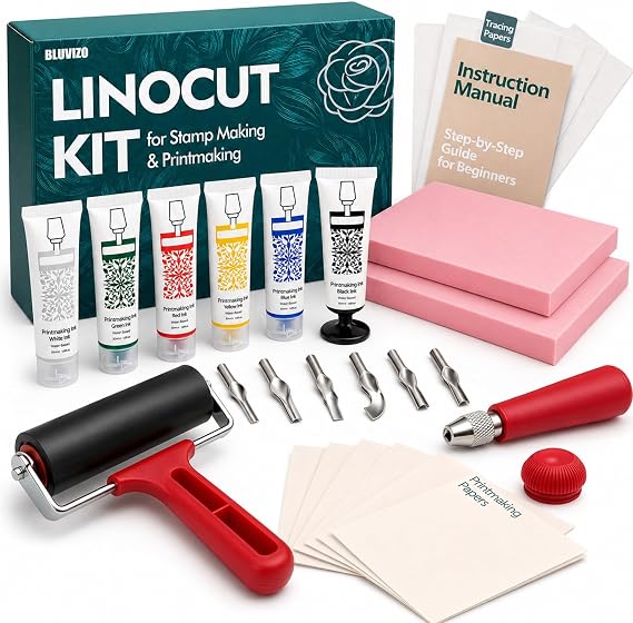 Linocut Tools Block Printing Kit, Deluxe Stamp Carving Printmaking Supplies