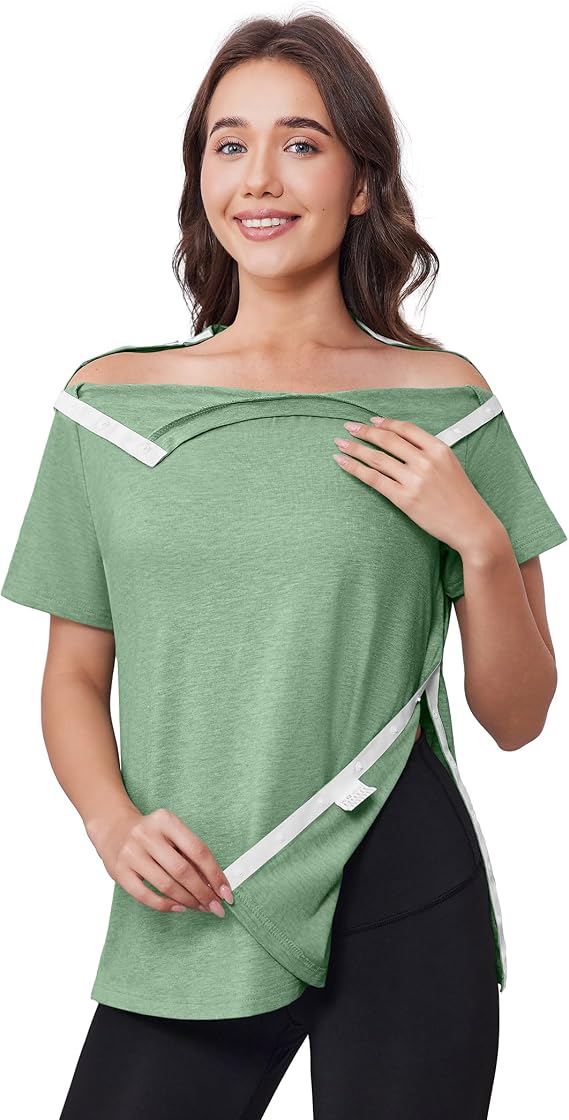 Deyeek Post Shoulder Surgery Shirts for Women Tear Away Side Snap Chemo Port Shirts Short Sleeve Adaptive Clothing