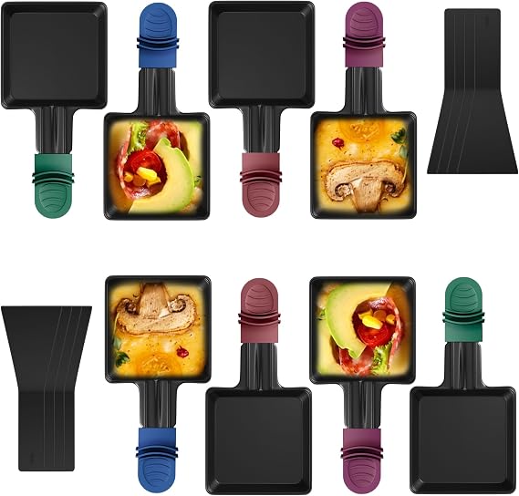 Set of 8 Raclette Pans Non-Stick Coating Mini Grill Pans Replacement with 8 Scrapers and Colourful Heat-Insulated Handle Grilling Cheese Eggs