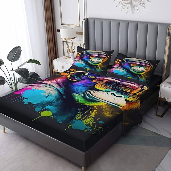 Monkey Bed Sheets Twin Size, Colourful Sheet Set, 16 Inch Deep Pocket Patterned Sheet & Pillowcase Sets, Super Soft Brushed Microfiber Bedding Sheets - 3 Piece