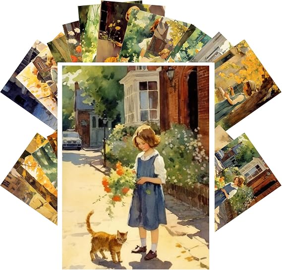 PIXILUV Vintage Postcards (24pcs 4"x6") Cherished Moments in Time: Young Girls and Their Cats Friends Amidst the Rustic Charm of Old Town Streets - A Nostalgic Vintage Postcard Collection