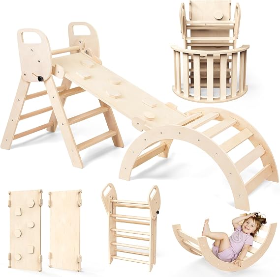 Woodure 7-in-1 Montessori Klettergerüst Indoor Set Verformbares Kletterdreieck mit Rutsche & Kletterbogen Hölzernes Pikler Dreieck zum Baby Klettern Klettergerüst Montessori Spielzeug ab 1-6 Jahre