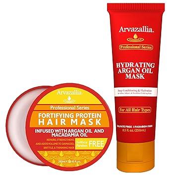 Arvazallia Hydrating Argan Oil Hair Mask and Fortifying Protein Hair Mask Bundle - The Best Hair Mask Combo for Dry or Damaged Hair