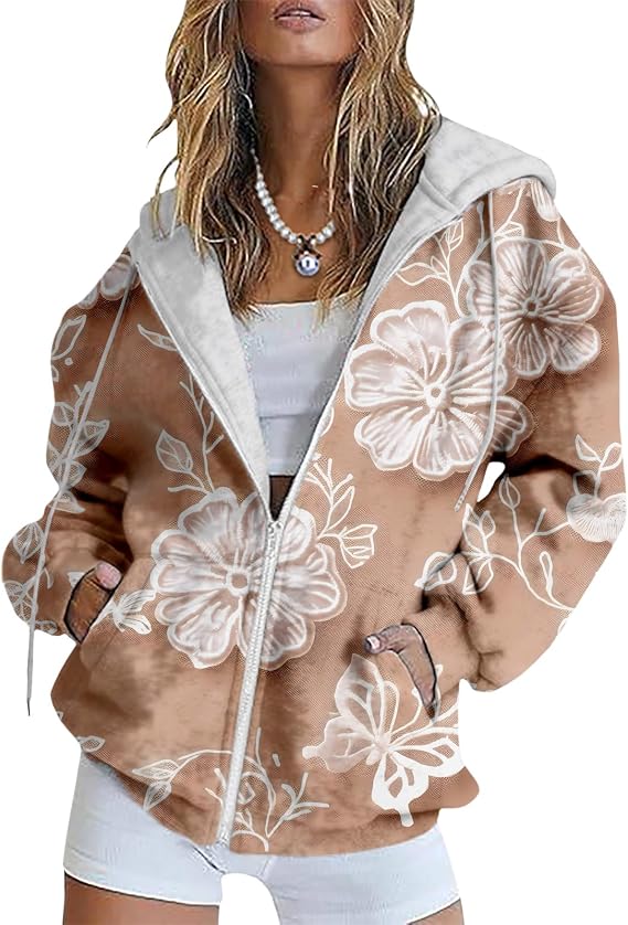 Bengbobar Women's Trendy Floral Printing Hoodie Jacket Zip Up Long Sleeve Sweatshirts Fall Coats for Women 2024 With Pockets