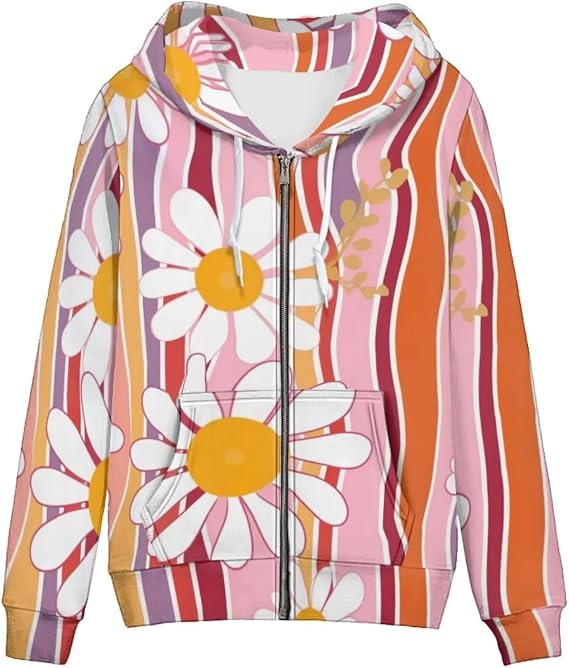 Novelty Floral Print Women Hoodies with Drawstring Strap Loose Fit Zip Up Hoodie for Women
