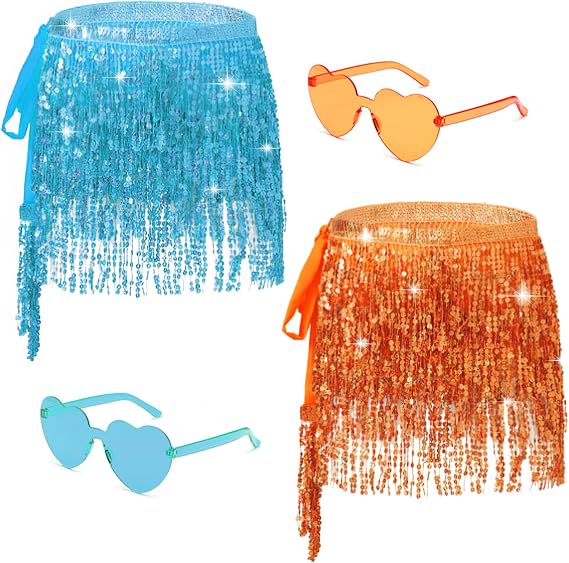 2 PCS Sequin Fringe Skirt Belly Dance Hip Scarf Sparkly Tassel Skirt Party Concert Outfit for Women with Heart Sunglasses