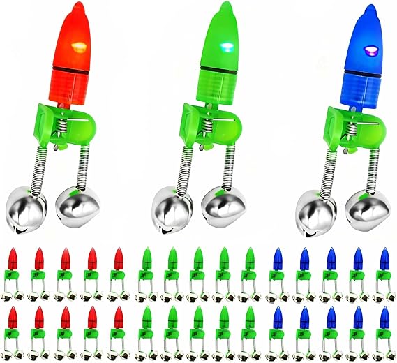 SenseYo 15/30 Pcs Plastic Fishing Bells Clips with Dual Alert Bell Fishing Rod Pole Bite Bait Alarm with Bright Red Green Blue Lights for Night Fishing Ice Fishing