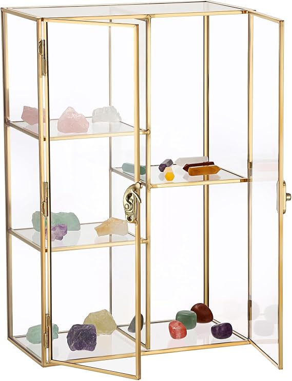 BSTKEY Glass Display Case for Collectibles, 5 Slots Crystal Display Shelf, Crystal Holder Decorative Display Box for Crystals Healing Stones Marbles, Gold Metal Jewelry Perfume Display Stand