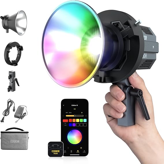Video Light, COLBOR CL60R RGB COB Continuous Output Lighting 65W 2700-6500K Full Color LED Studio Light CRI97+ TLCI98+ 13 Lighting Effects with APP Control for Photography