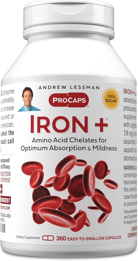 ANDREW LESSMAN ProCaps Iron Plus 18mg Chelated Iron 360 Capsules | Gentle amino acid chelated iron with Vitamin C to support absorption. Non-acidic and easy on the stomach.