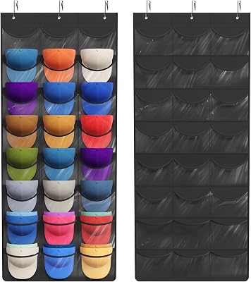 Lifewit Over The Door Hat Organizer for Baseball Caps, 24 Clear Deep Pockets Hat Rack Stand with 3 Hooks, Hanging Hat Storage, Cap Holder Hat Hanger for Protection and Display, 1 Pack