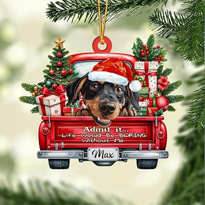 Personalized Austrian Black and Tan Hound Dog On Red Truck Ornament, Custom Austrian Black and Tan Hound Dog Name, 2D Flat Shape Dogs Christmas Ornaments, Dogs Lovers Gift, Christmas Decor