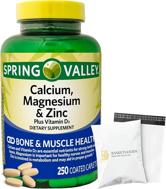 Calcium, Magnesium, Zinc & Vitamin D3. Calcium, Magnesium & Zinc Plus Vitamin D3 Caplets Dietary Supplement, 250 Count (Pack of 1), Set with Basket Goods Store Shop
