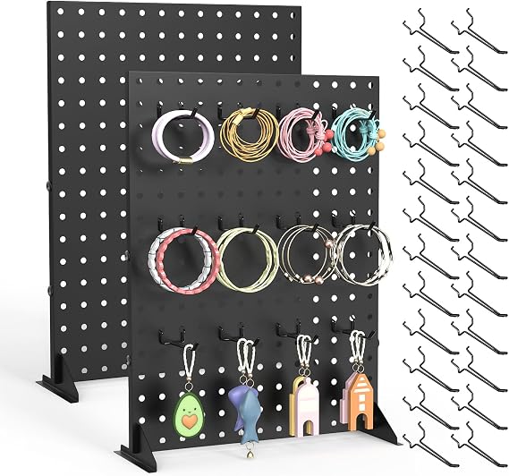 2Pcs Pegboard Display Stand with 24 Hooks, 16x12 Inch, Black