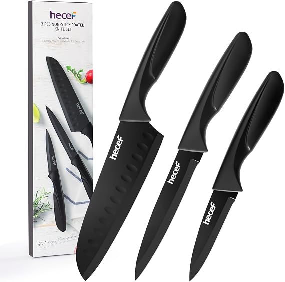 hecef Black Kitchen Knife Set of 3, Dishwasher Safe
