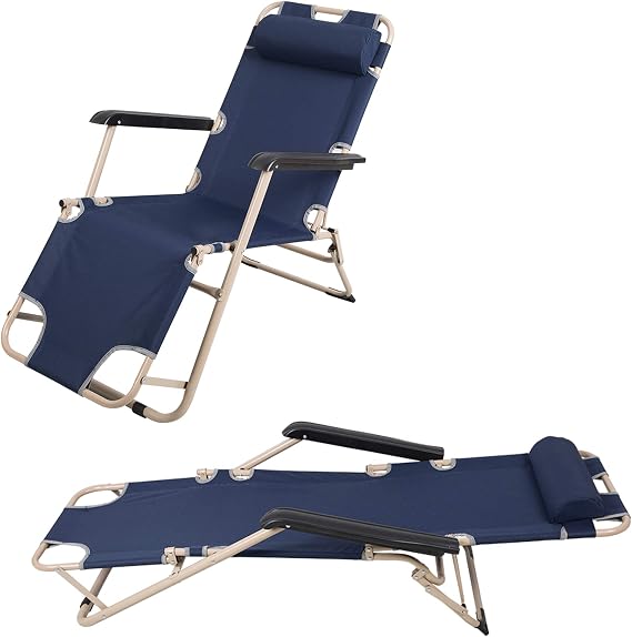 LUCKYERMORE 4 Pack Beach Outdoor Lounge Chairs, Tanning Lounge Chair  Flat Cot 2 in 1, Folding Reclining Chairs for Outdoor Lawn Beach Pool Camping, 60" L x 19 W, Dark Blue