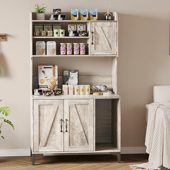 Modern Cat Litter Box Furniture Enclosure with Scratching Post and Storage Shelves, Hidden Litter Box Cabinet Multi-Functional Pet House for Living Room Bedroom