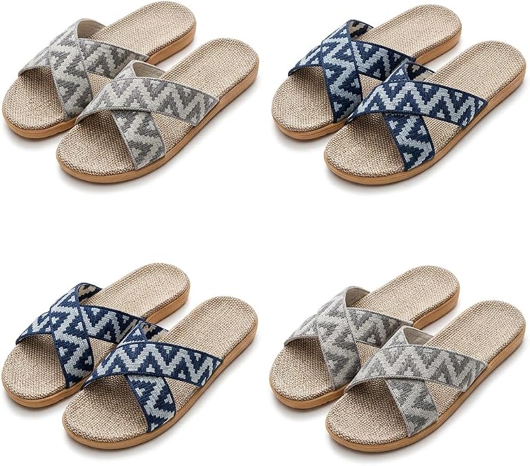 4 Pairs Mens Guest Slippers Linen Cross Strap Open Toe Breathable Cooling House Shoes Home Hosting Guesthouse US 11-12