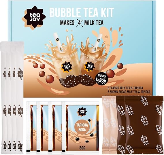 TeaJoy Bubble Tea Kit Classic & Brown Sugar (Makes 4 Drinks) | Milk Tea & Brown Sugar Tea Powders with Instant Tapioca Pearls | Just Add Milk & Ice | Vegan & Dairy-Free | Boba Straw & Cup