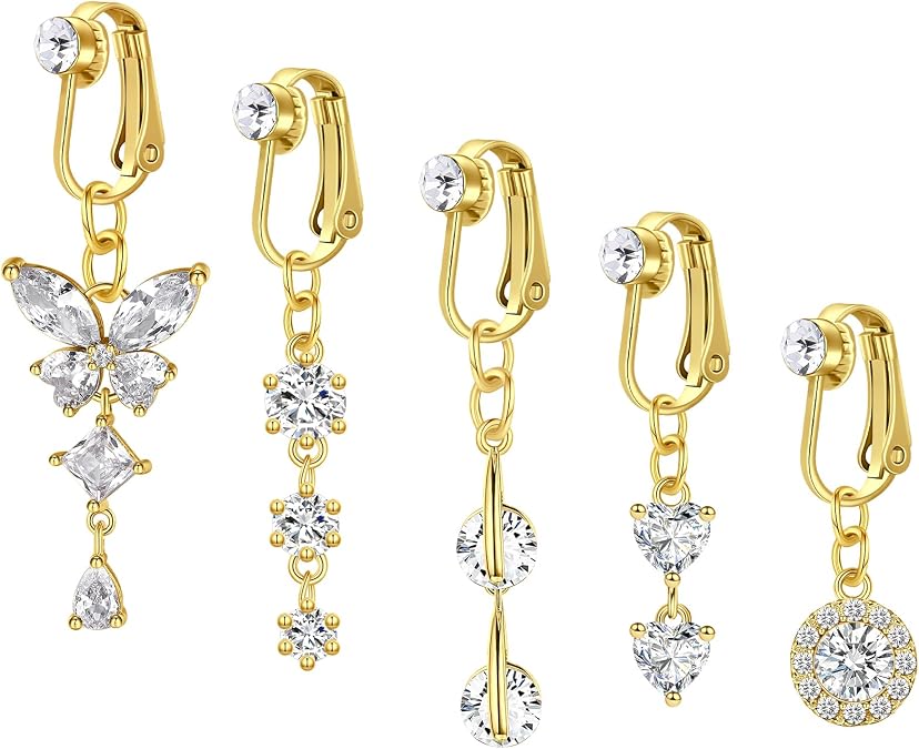 Incaton Fake Belly Button Ring Clip-On for Women - CZ Dangle Heart Non-Piercing Jewelry - Gold