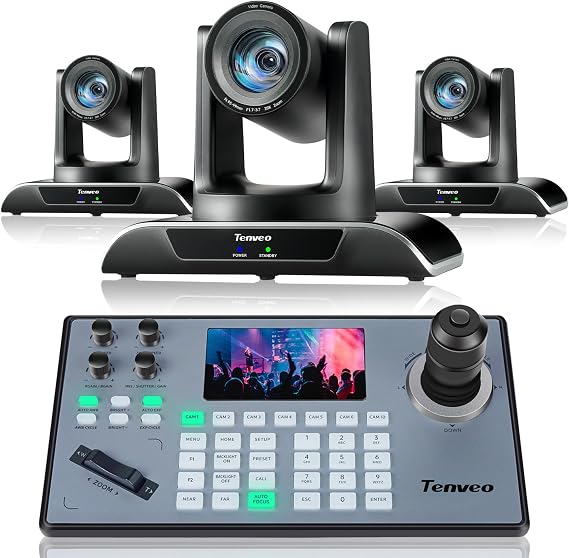 Tenveo PTZ Camera and Controller Bundle/Kits - 20X PTZ Camera(3pcs) with HDMI/USB3.0/LAN(PoE) and PTZ Controller PoE Joystick Keyboard Controller for Church Worship Services Live Streaming Conference