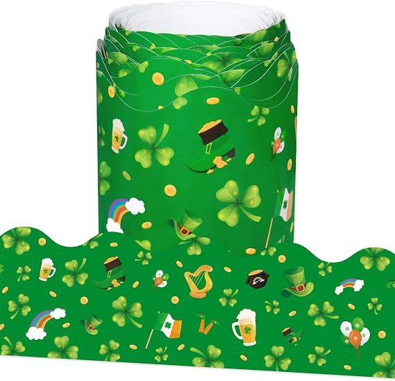 65.6Ft St. Patricks Day Bulletin Board Borders, Lucky Shamrock Clover Bulletin Board Borders Irish St. Patrick's Day Scalloped Border Trim for Home Office School Classroom Chalkboard Wall Decor