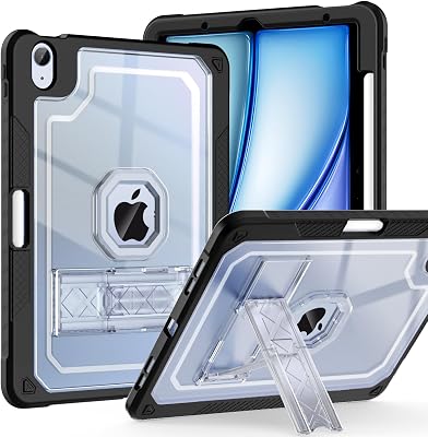 for iPad Air M3 11 Inch 7th Case 2025, for iPad Air M2 6th5th4th 11-inch Case 202420222020, Clear Slim Heavy Duty Shockproof Cover with Pencil Holder Kickstand, Black