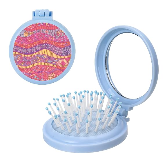 Pink Purple Yellow Wave Mini Makeup Mirror Comb, Folding Hairbrush For Women And Girls, Small Comb Compact Travel Size Massage Women's Handbag Essential For Purse Or Backpack